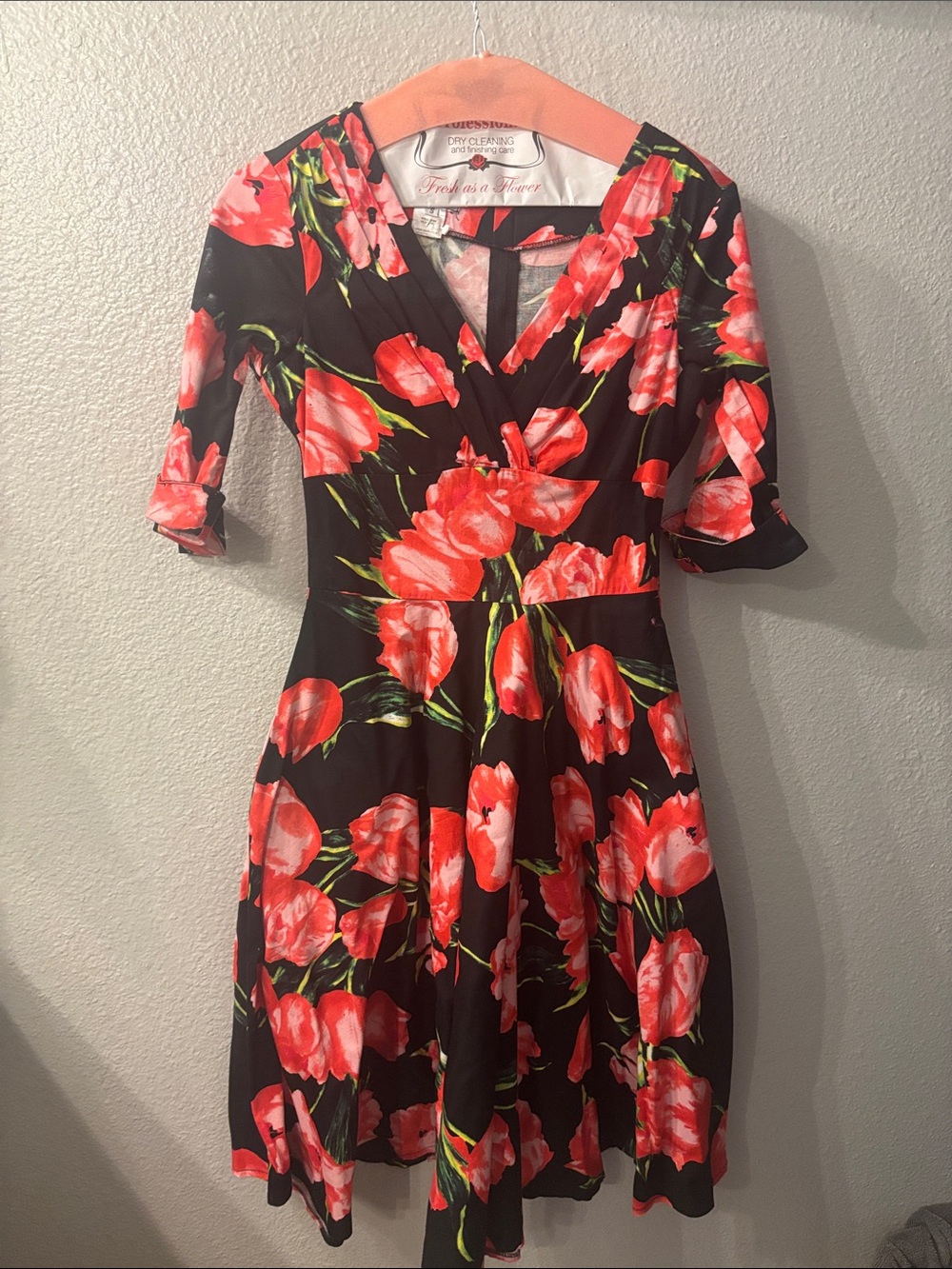 Fresh as a Flower Black Midi Dress with Red Floral Print